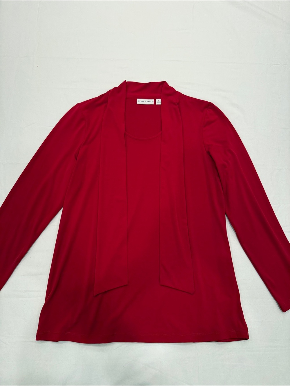 Susan Graver Red Long-Sleeve Tie-Neck Top